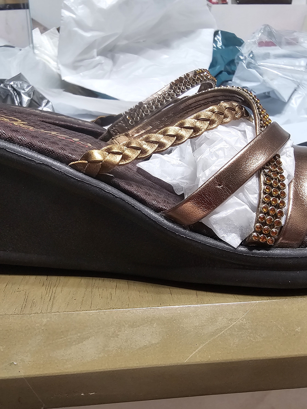 Skechers Metallic Bronze Braided & Rhinestone Wedge Sandals